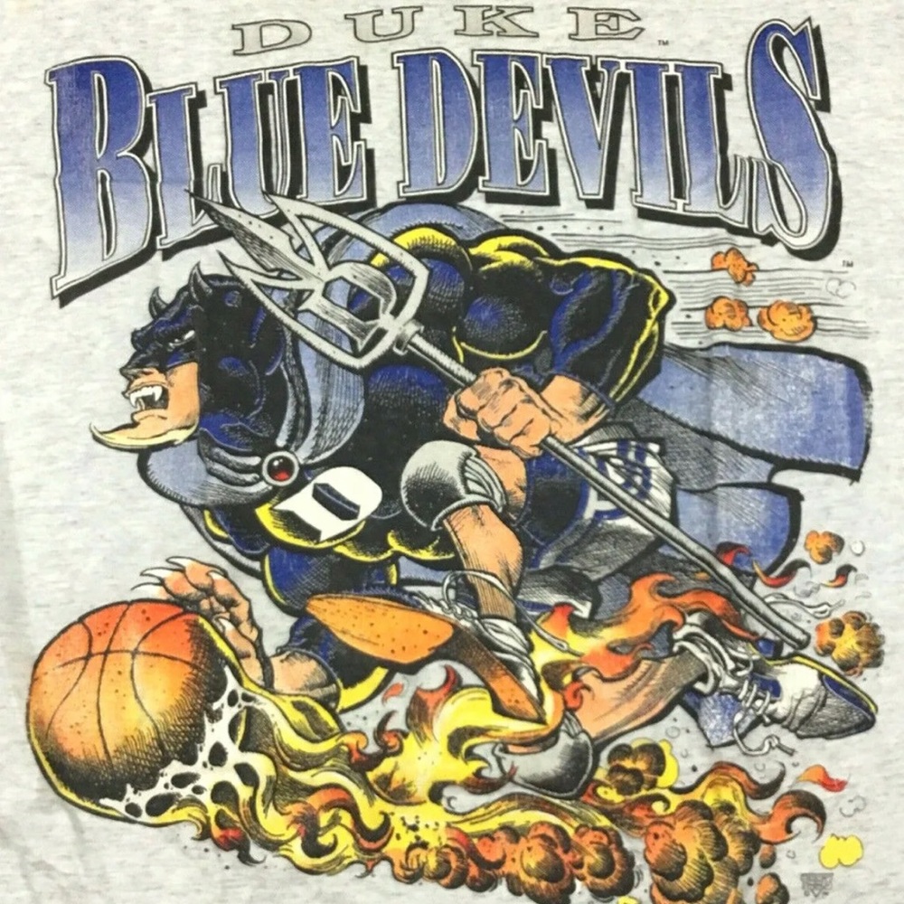 Vtg 90s Duke Blue Devils T-Shirt Flames Spell Out Logo Fire Basketball USA Sz XL